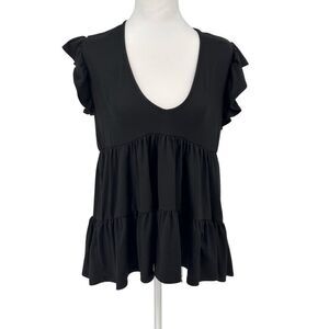 Entro Black Ruffle Sleeve Tiered Peplum Blouse Women's Size S V-Neck Flowy Top